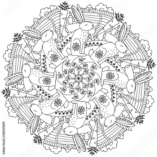 Mandala vegetable garden, rabbit, hare and carrot coloring page for children and adults