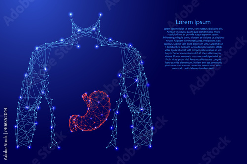 Stomach is in the body the human torso, anatomical digestive organ from futuristic polygonal blue and red lines and glowing stars for banner, poster, greeting card. Vector illustration.