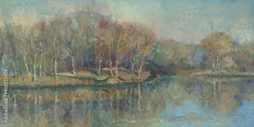 river bank autumn day painting