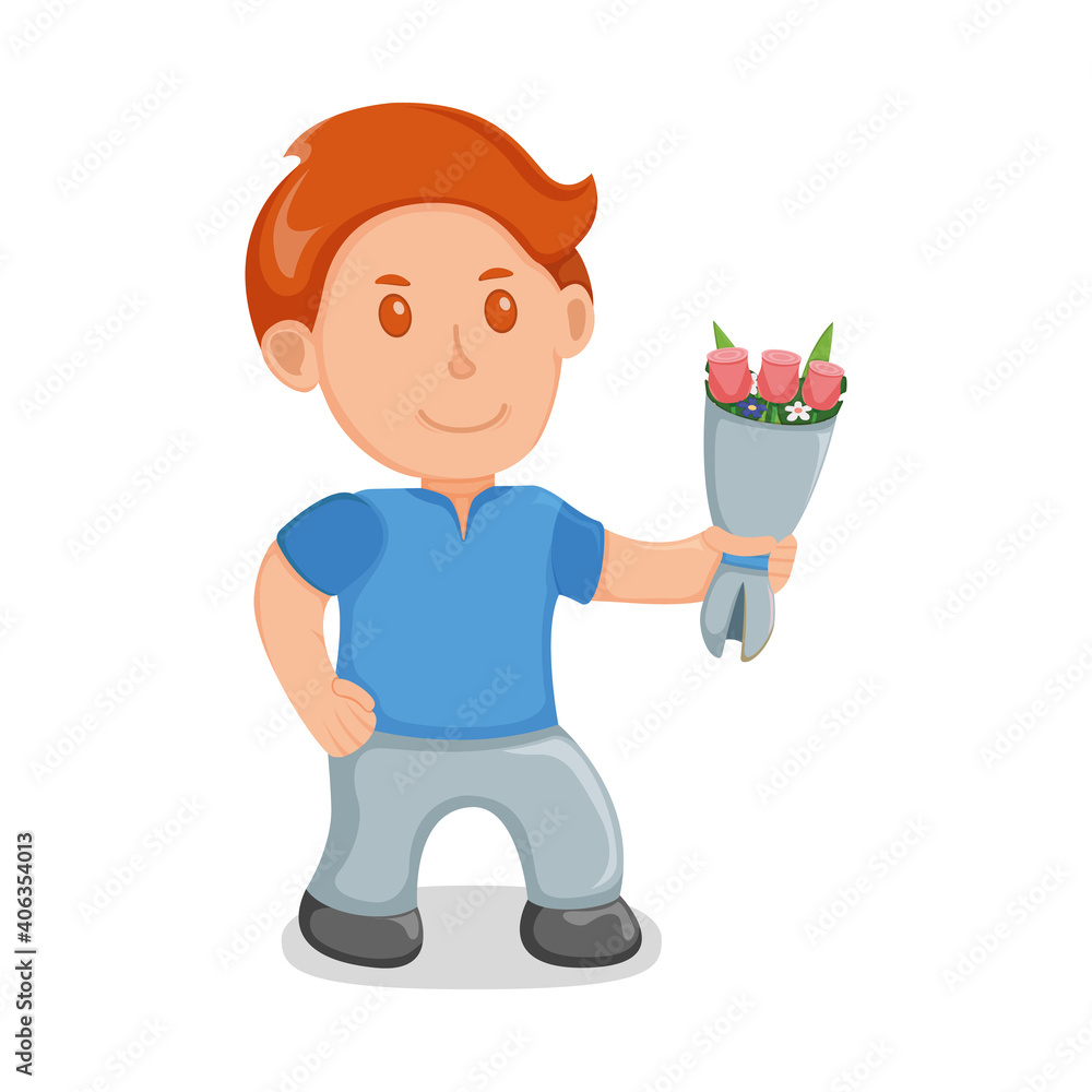 Cute male hold gift bouquet flower, concept young man with present, cartoon vector illustration, isolated on white, amorous day Cute male hold gift bouquet flower, concept young man with present, cartoon vector illustration, isolated on white, amorous day