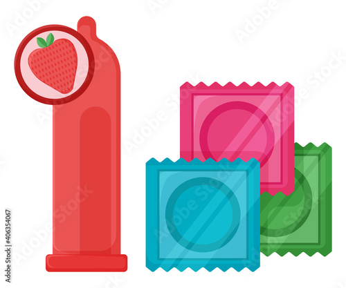 Strawberry taste type and color package condom label, concept latex contraceptive icon, flat vector illustration, isolated on white.