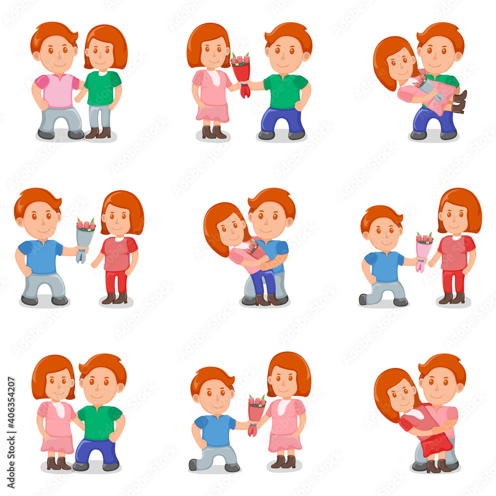 Set lovely female and male cute couple, people together standing hugs, man give bouquet flower cartoon vector illustration, isolated on white.