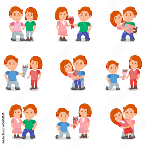 Set lovely female and male cute couple  people together standing hugs  man give bouquet flower cartoon vector illustration  isolated on white.
