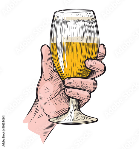 Hand hold a glass of beer. Alcoholic beverage vector illustration