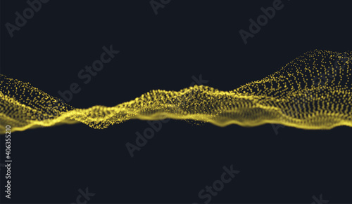 Abstract gold particle background. Flow wave with dot landscape. Digital data structure. Future mesh or sound grid. Pattern point visualization. Technology vector illustration.