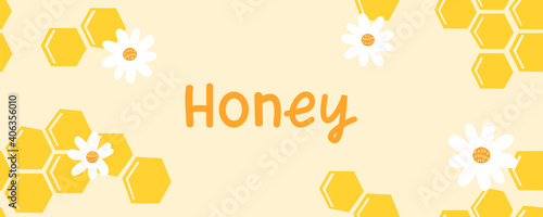 Hand drawn honeycomb with daisy flower and lettering on yellow sign vector illustration.