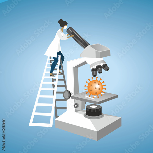 Scientist looking in microscope at orange Corona virus. Vector illustration. EPS10.