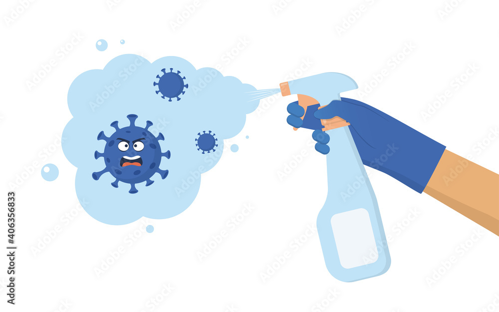 Coronavirus character scared of spraying sanitizer. Hand in a protective glove holds a spray sanitizer. Fighting covid 19 with disinfection. Vector illustration. Coronavirus character scared of spraying sanitizer. Hand in a protective glove holds a spray sanitizer. Fighting covid 19 with disinfection. Vector illustration.