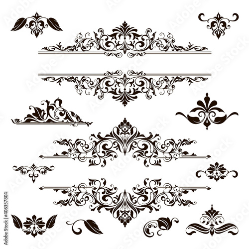 Ornamental design lace borders and corners Vector set art deco floral ornaments elements