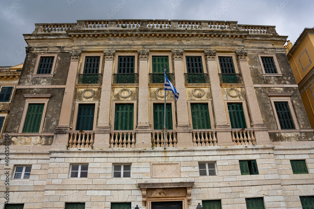 The facade of a grand building in Corfu, Greece
