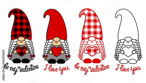Valentine gnomes girls with hearts. Phrase be my Valentine and I love you. Vector set. Cartoon style. Plaid pattern. Isolated on white. For paper, laser cutting, printing on T-shirt. Handwritten text.