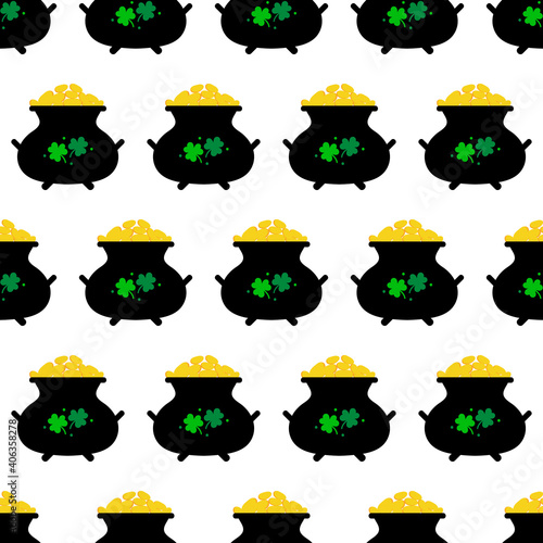 Pot of gold with clover leaves vector seamless pattern background for St.Patrick's Day.