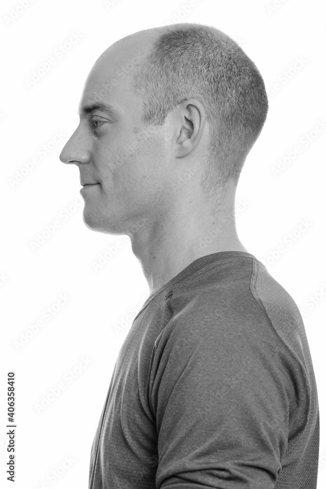 Close up profile view of bald Caucasian man Close up profile view of bald Caucasian man