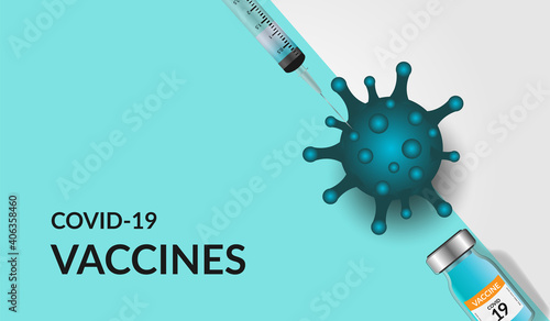 Covid-19 corona virus vaccination with vaccine bottle and syringe injection tool for covid19 immunization treatment. Coronavirus vaccine vector background.