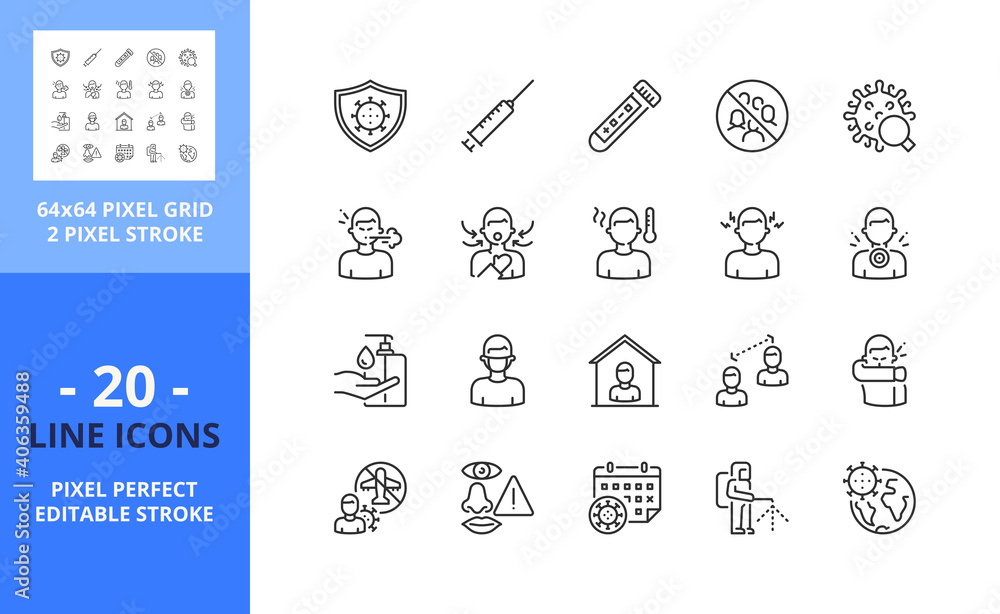 Line icons about 2019-nCoV. Health care concept. Pixel perfect 64x64 and editable stroke Line icons about 2019-nCoV. Health care concept. Pixel perfect 64x64 and editable stroke