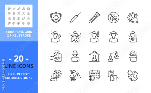 Line icons about 2019-nCoV. Health care concept. Pixel perfect 64x64 and editable stroke