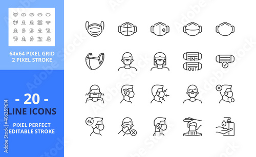 Line icons about wear a face mask. Health care concept. Pixel perfect 64x64 and editable stroke