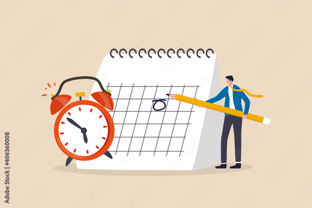 Schedule business appointment, important date, working project plan or reminder concept, smart businessman using pencil to mark important appointment date on calendar with alarm clock.