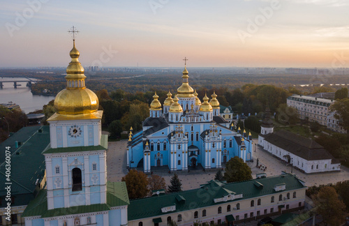 Aerial drone panoramic city view. St. Michael's Cathedral in Kiev on a clear autumn morning. View from above. Space for text.