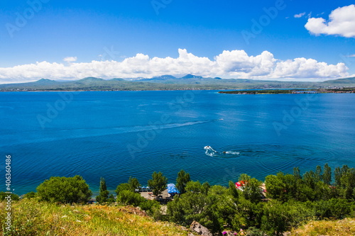 View from Sevanavank (Sevan Monastery) at the northwestern shore of Lake Sevan in the Gegharkunik Province of Armenia