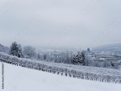 Schneelandschaft um Lörrach Stadt vom Tüllinger Weinberg , Blick auf Ost- und Nordbezirk  © Marc