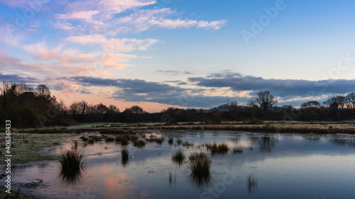 Sunrise over the Bowling Green Marsh and River Clyst, Topsham, Devon, England, Europe