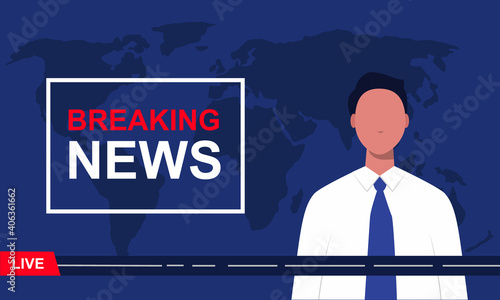 Breaking news. TV news presenter with world map on the dark background. Modern news broadcaster announcing live news. vector illustration in flat style. 