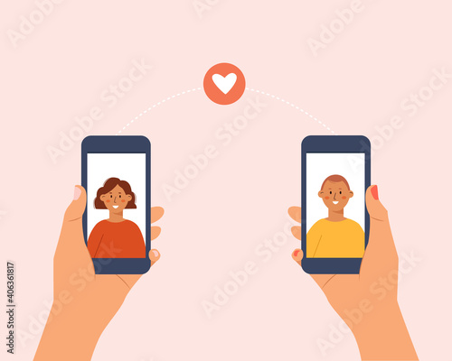 Online dating concept. Dating app. Virtual relationship. Video call among lovers. Man and woman hand holding smartphones with each other profile. Modern vector illustration in cartoon flat style