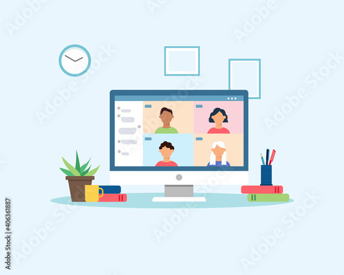 People meeting or learning online with video conference. Group of people connecting together virtually via internet. Video call. Work from home concept. Colorful vector illustration in flat style. photo
