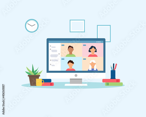 People meeting or learning online with video conference. Group of people connecting together virtually via internet. Video call. Work from home concept. Colorful vector illustration in flat style.