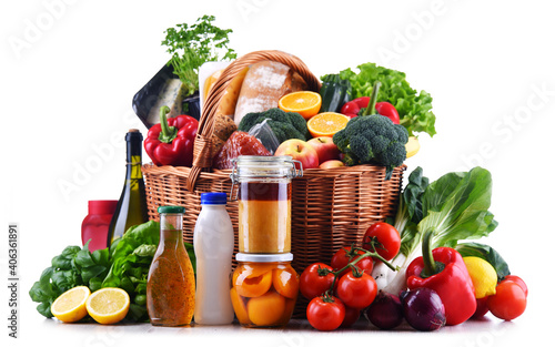 Wicker basket with assorted grocery products
