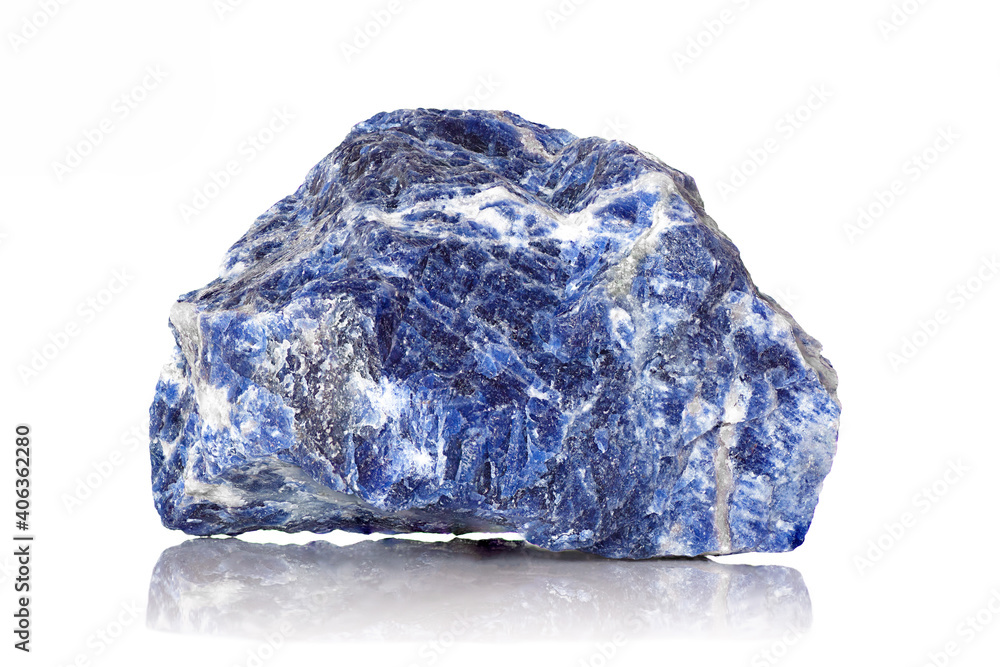Obraz premium Amazing closeup macro of colorful blue veined sodalite mineral stone specimen isolated on white background. Beautiful blue natural raw rough rock