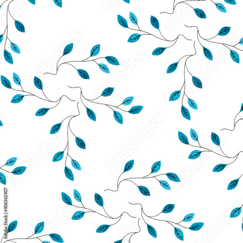 WAtercolor absract seamless pattern with blue leaves isolated on white