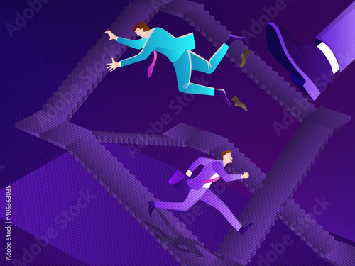 Business advantage with running ahead in competition , unfair concept. Vector illustration of 3d staircases on mesh. Endless stairs steps for graphic design element.