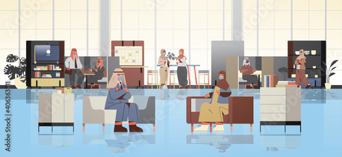 arabic businesspeople in masks discussing during meeting in creative coworking center coronavirus pandemic concept modern office interior horizontal full length vector illustration