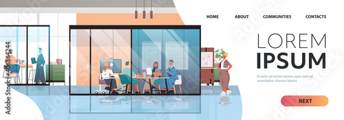businesspeople working and talking together in coworking center business meeting teamwork concept modern office interior horizontal full length copy space vector illustration