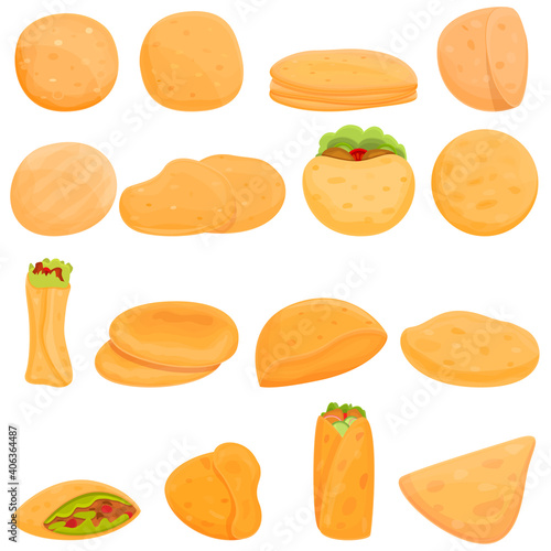 Pita bread icons set. Cartoon set of pita bread vector icons for web design
