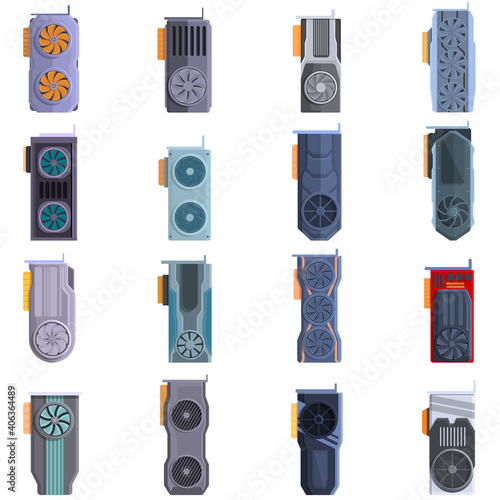 GPU graphic card icons set. Cartoon set of GPU graphic card vector icons for web design