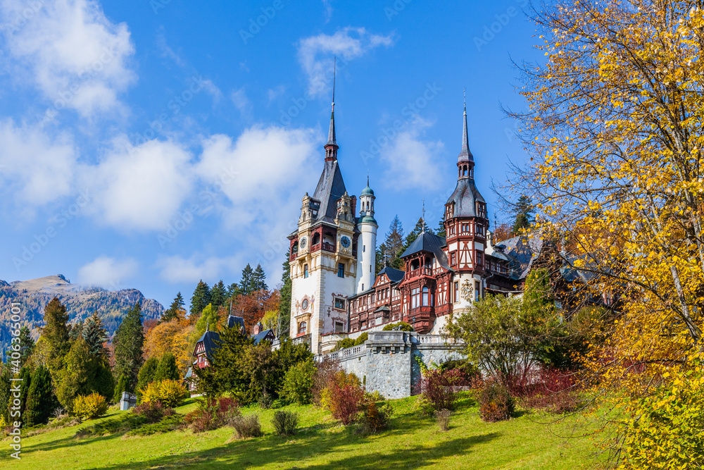Peles castle in autumn. Sinaia, Prahova county, Romania.