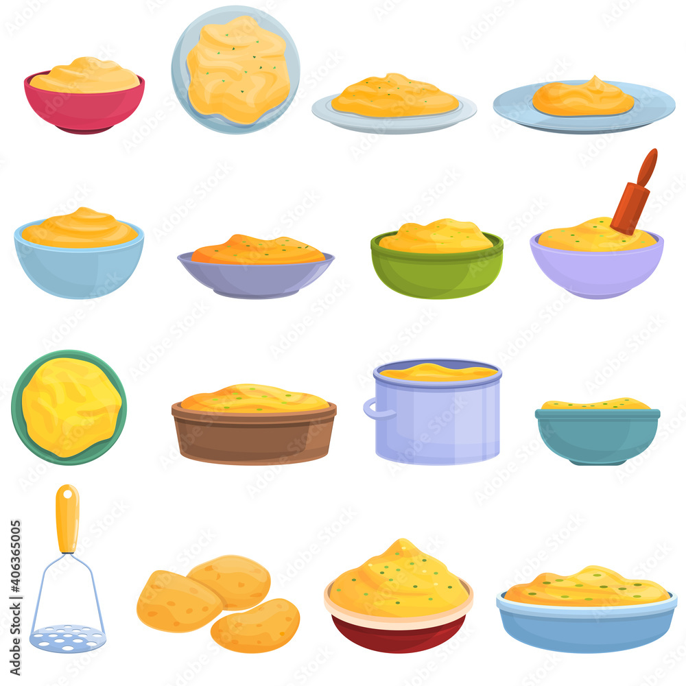 Mashed potatoes icons set. Cartoon set of mashed potatoes vector icons for web design Mashed potatoes icons set. Cartoon set of mashed potatoes vector icons for web design