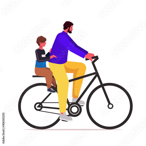 young father riding bike with little son parenting fatherhood concept dad spending time with his kid full length vector illustration