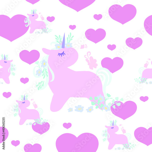 Pattern Unicorn Valentine s Day . Vector illustration of unicorns. Heart  stars  flowers vector