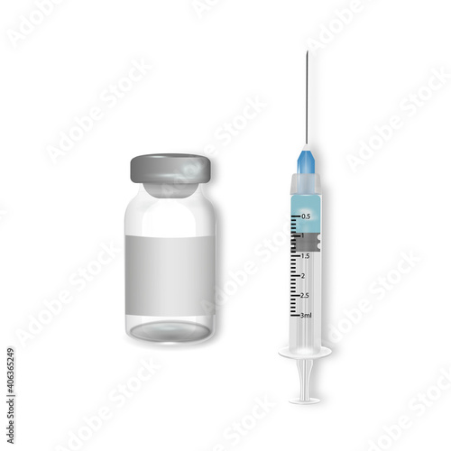 Vector banner with 3d realistic bottle and syringe. COVID-19 coronavirus vaccine. Closeup isolated on white background. Drug ampoule design template, clipart, mockup.