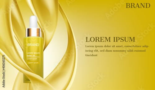 Gold serum surrounded by gold pouring liquid