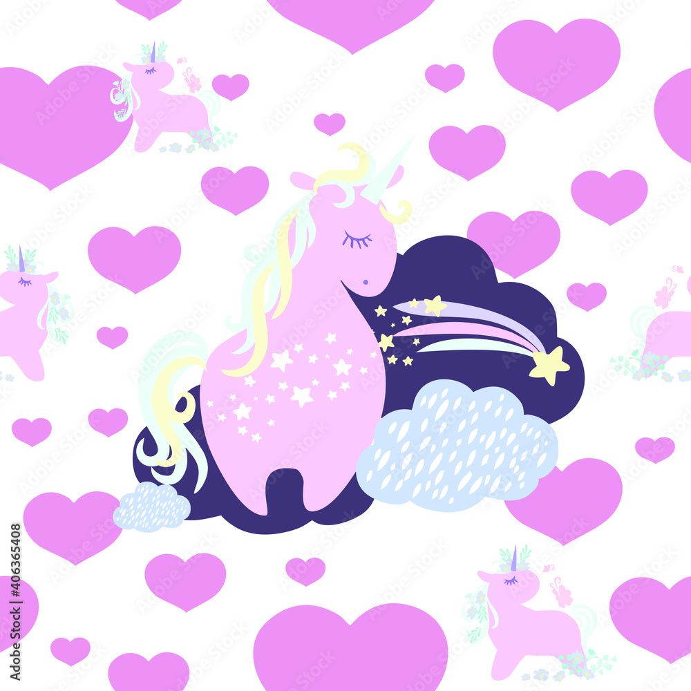 Pattern Unicorn Valentine's Day . Vector illustration of unicorns. Heart, stars, flowers vector