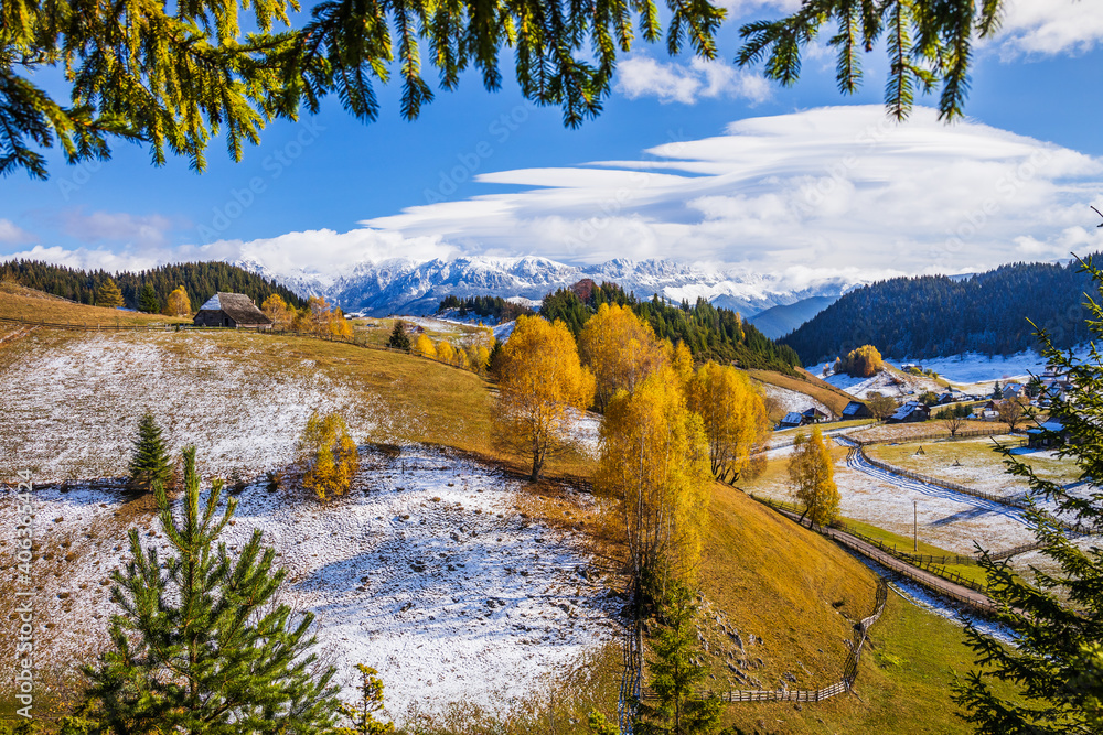 Brasov, Romania. Autumn in Fundata Village. Rural landscape in the Carpathians, Romania.