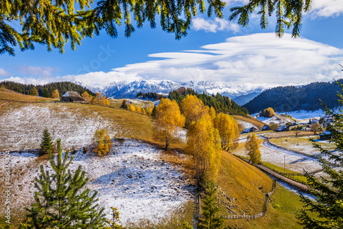 Obraz na płótnie Brasov, Romania. Autumn in Fundata Village. Rural landscape in the Carpathians, Romania. w salonie