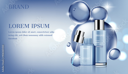 Skincare products withe dropper on shiny water bubbles