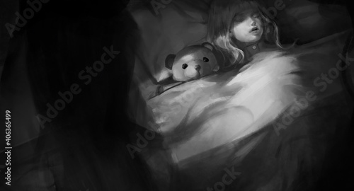 Photos Horror illustration monster under bad of a little girl