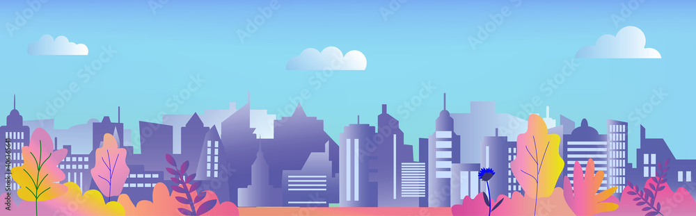 City panorama vector illustration with modern houses and plants. Flat design